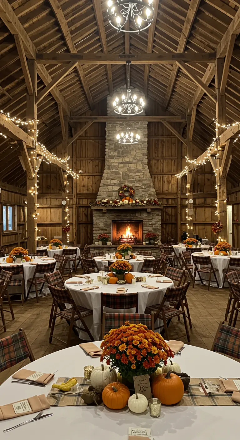 Recepción de boda en un granero con chimenea de piedra y decoración otoñal.