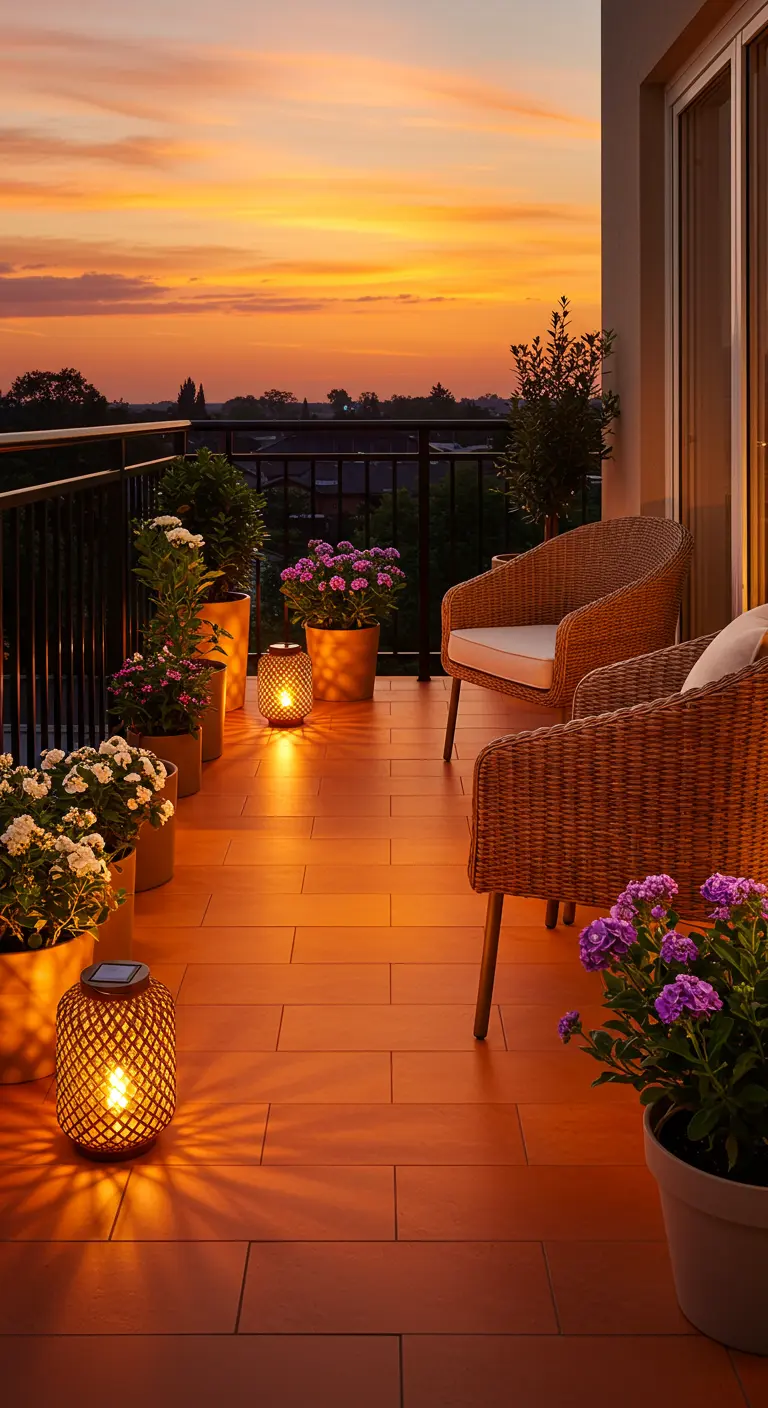 Terraza con suelo de efecto madera, sillas de mimbre y farolillos solares, todo bañado por la luz del atardecer.