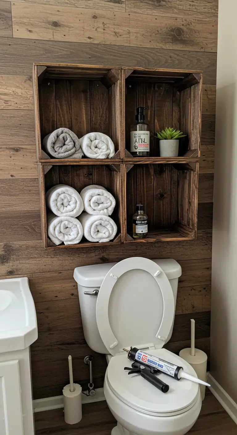 Cuatro cajas de madera oscura montadas sobre el inodoro en un baño con pared de madera.