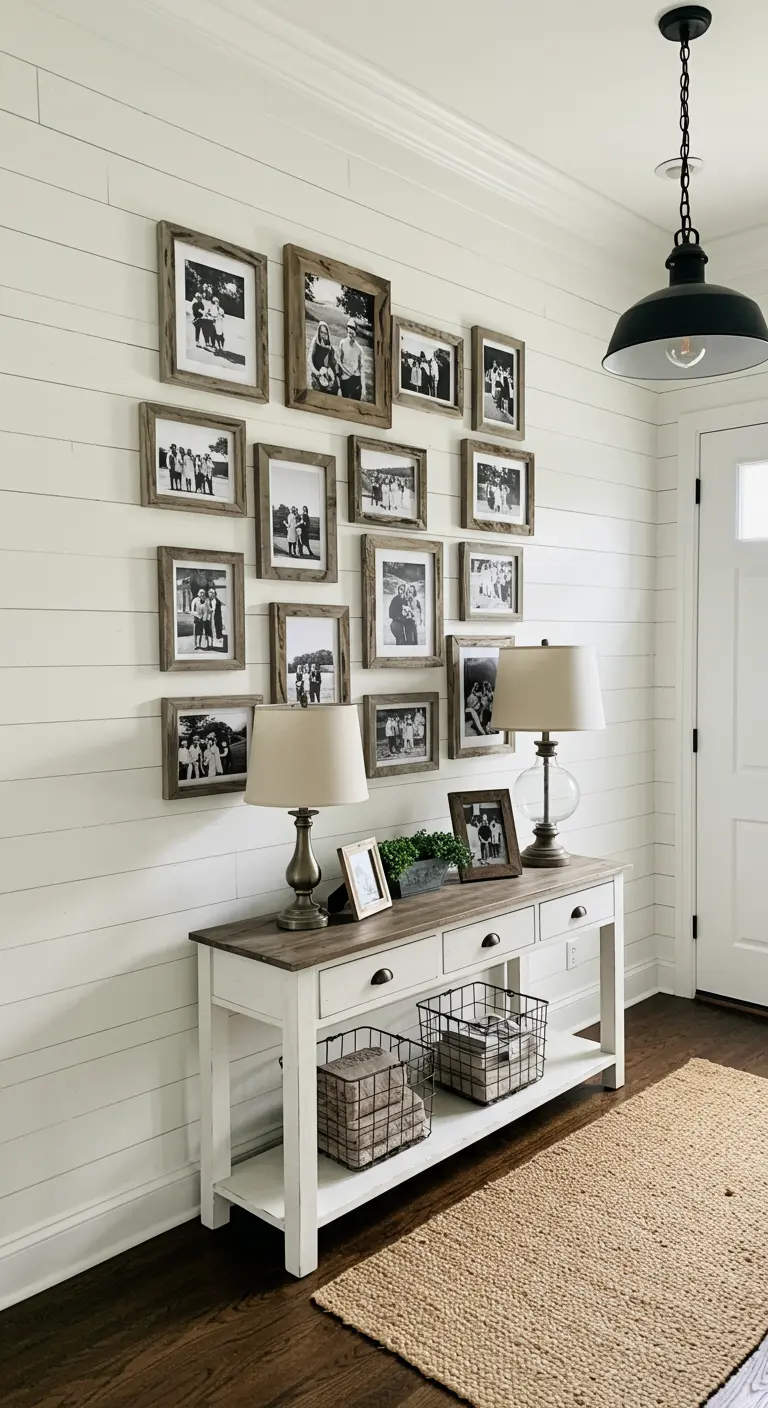 Pared de listones blancos con una galería de fotos familiares en marcos de madera rústica sobre una consola blanca.