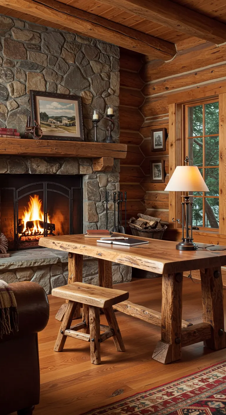 Escritorio rústico de madera maciza junto a una gran chimenea de piedra en una cabaña.
