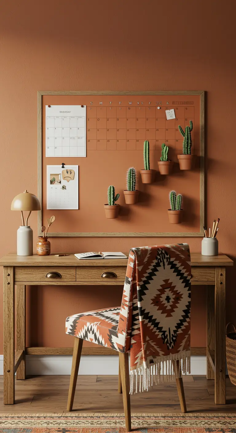 Oficina en casa con pared terracota, tablón de corcho decorado con cactus y silla de estilo étnico.