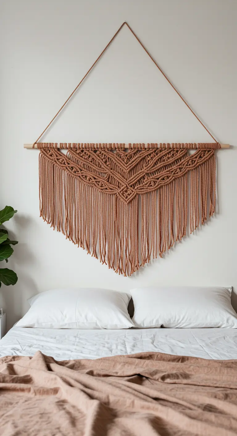 Cabecero de macramé en un intenso color terracota sobre una pared blanca y cama con sábanas blancas.