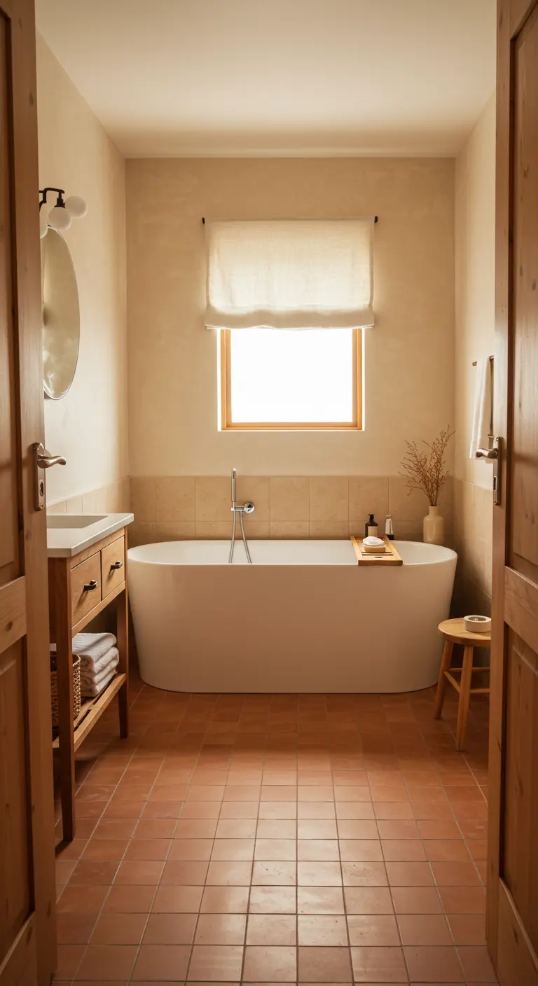 Baño acogedor con suelo de baldosas de terracota y paredes en tonos crema