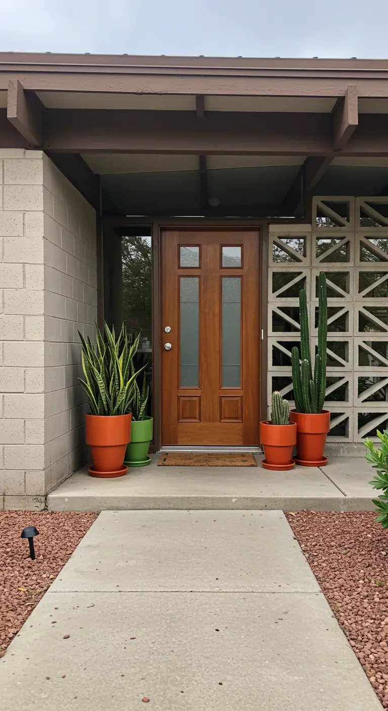 Entrada de estilo mid-century con macetas de terracota de diferentes tamaños y plantas de hojas verticales.