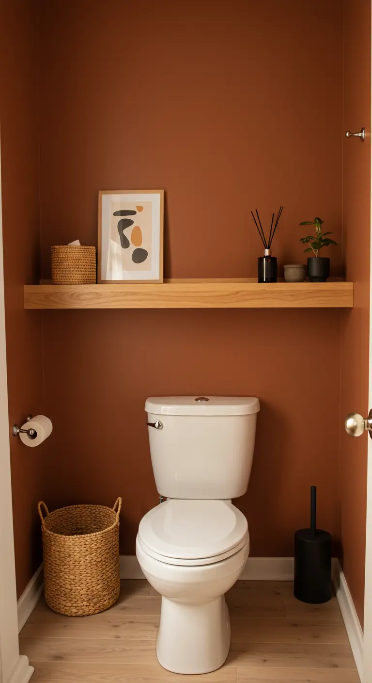 Baño pequeño con paredes terracota y un solo estante de madera sobre el inodoro.