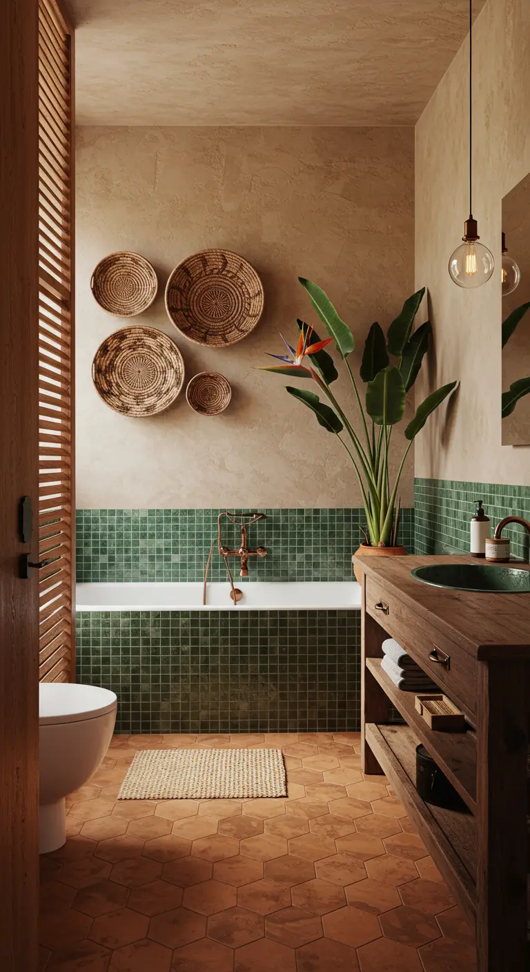 Baño rústico con azulejos verdes, paredes beige y cestos de mimbre en la pared