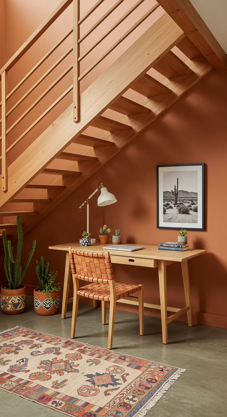 Oficina bajo escalera con pared color terracota, escritorio de madera y silla de cuero trenzado.