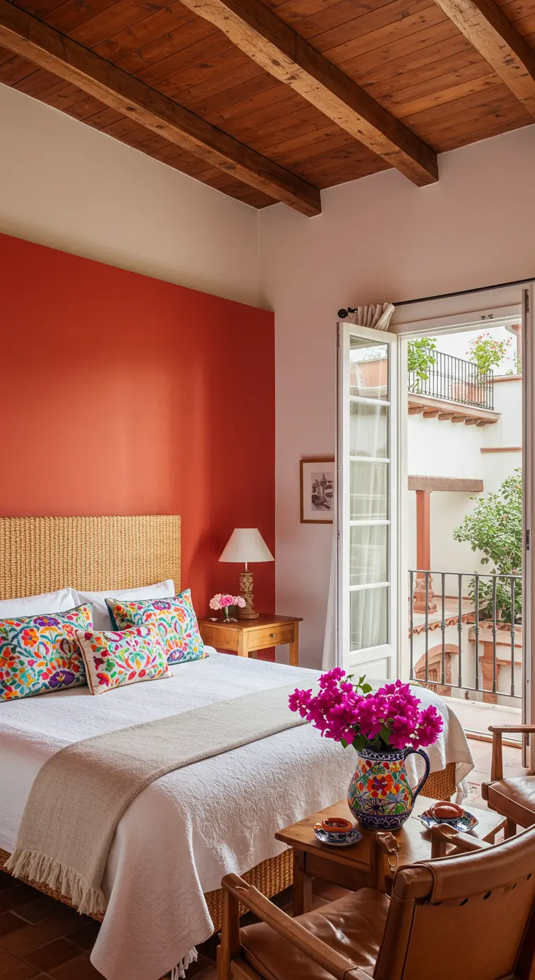 Habitación con pared color terracota, cabecero de ratán y balcón con buganvillas.