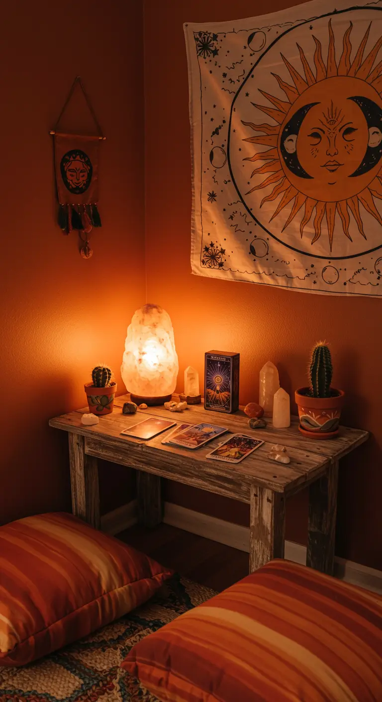 Rincón de tarot con paredes color terracota, una lámpara de sal, tapiz de sol y cojines en el suelo.