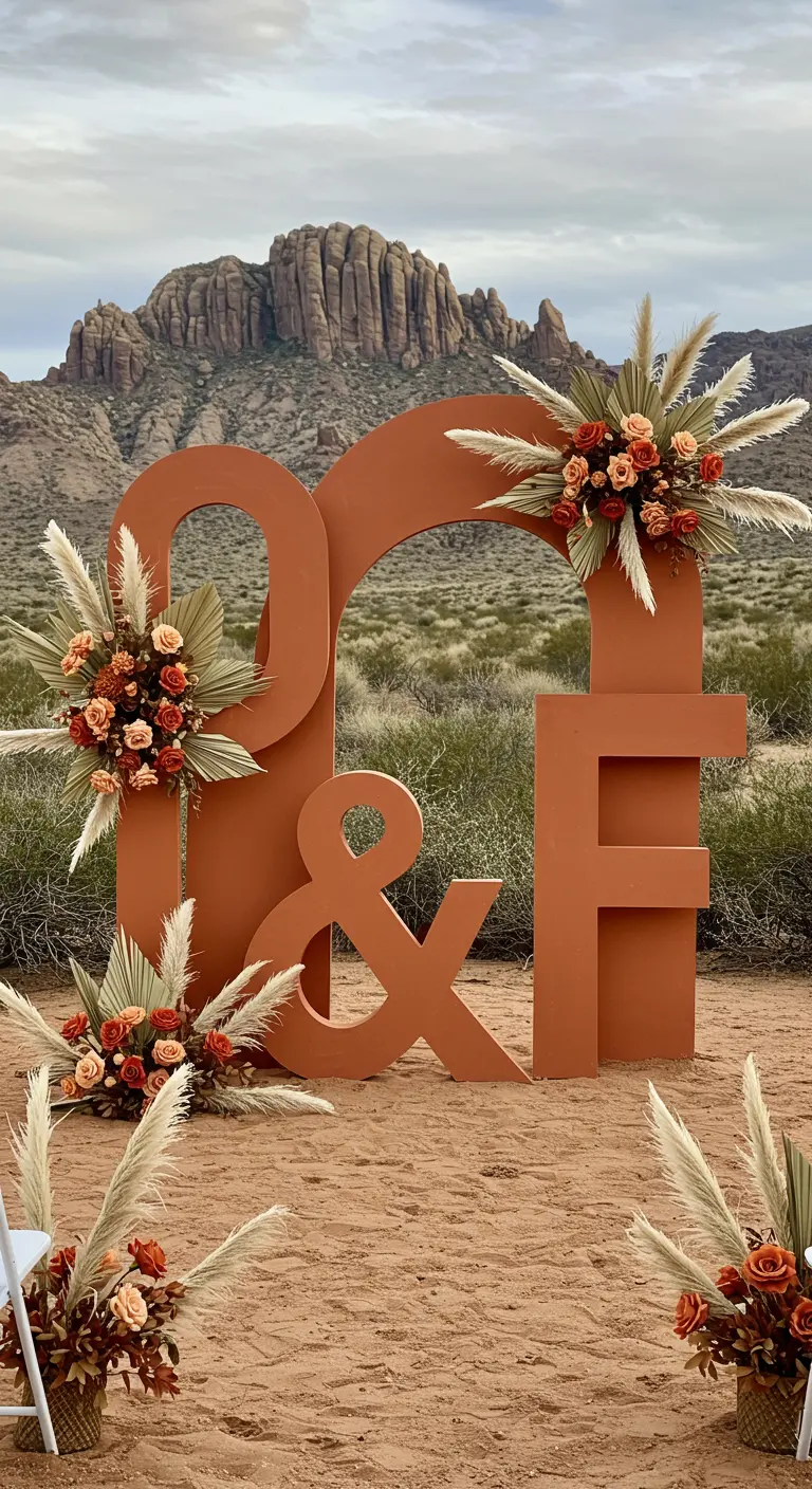 Iniciales abstractas 'D & F' en color terracota, decoradas con pampa y flores secas en el desierto.
