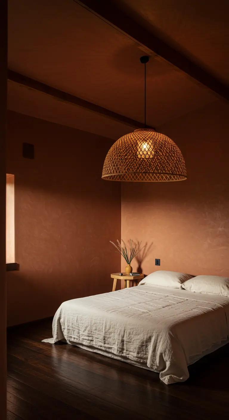 Dormitorio con paredes de color terracota y una gran lámpara de mimbre colgante.