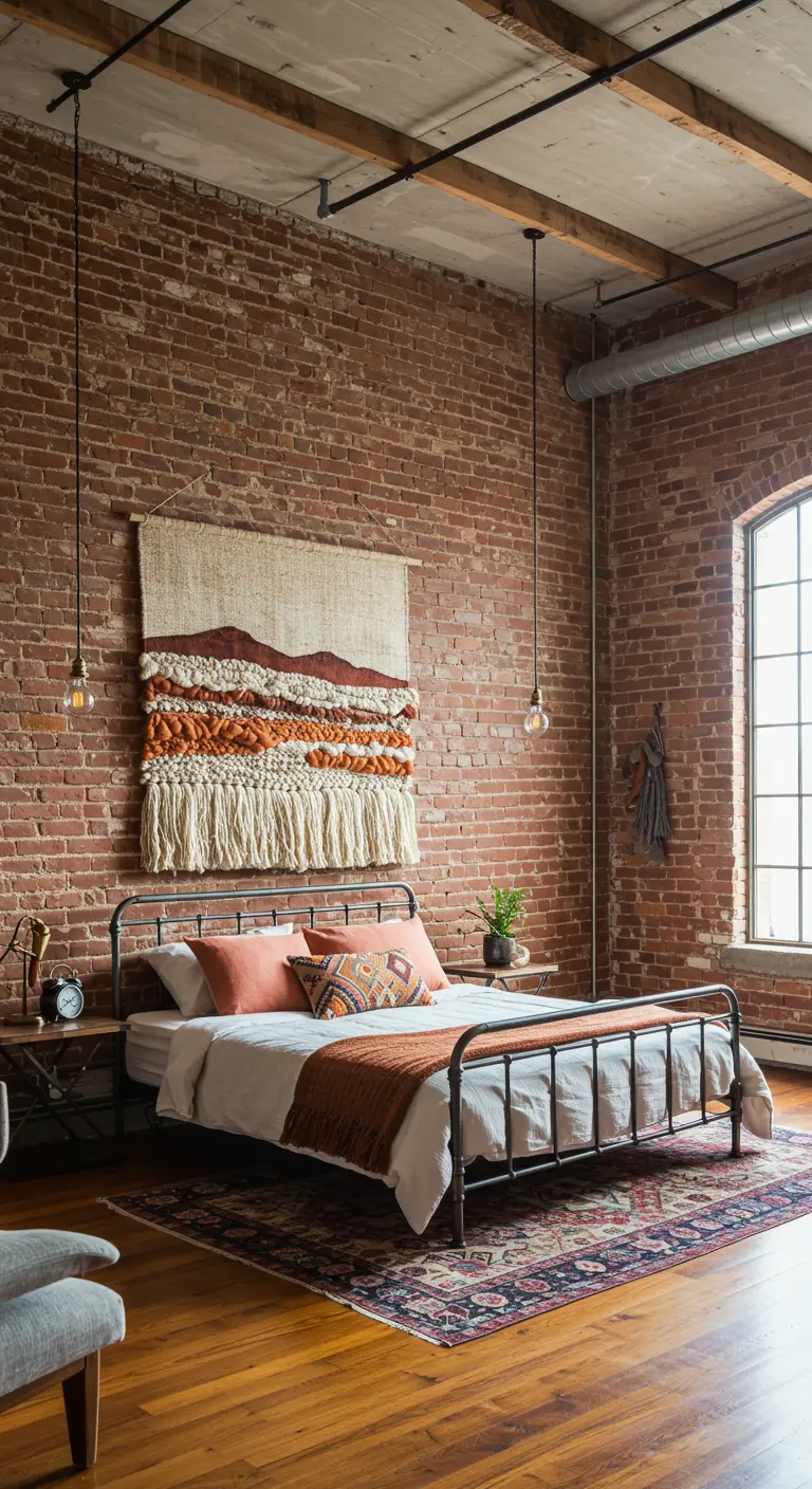 Dormitorio tipo loft con pared de ladrillo y un tapiz texturizado en tonos tierra.