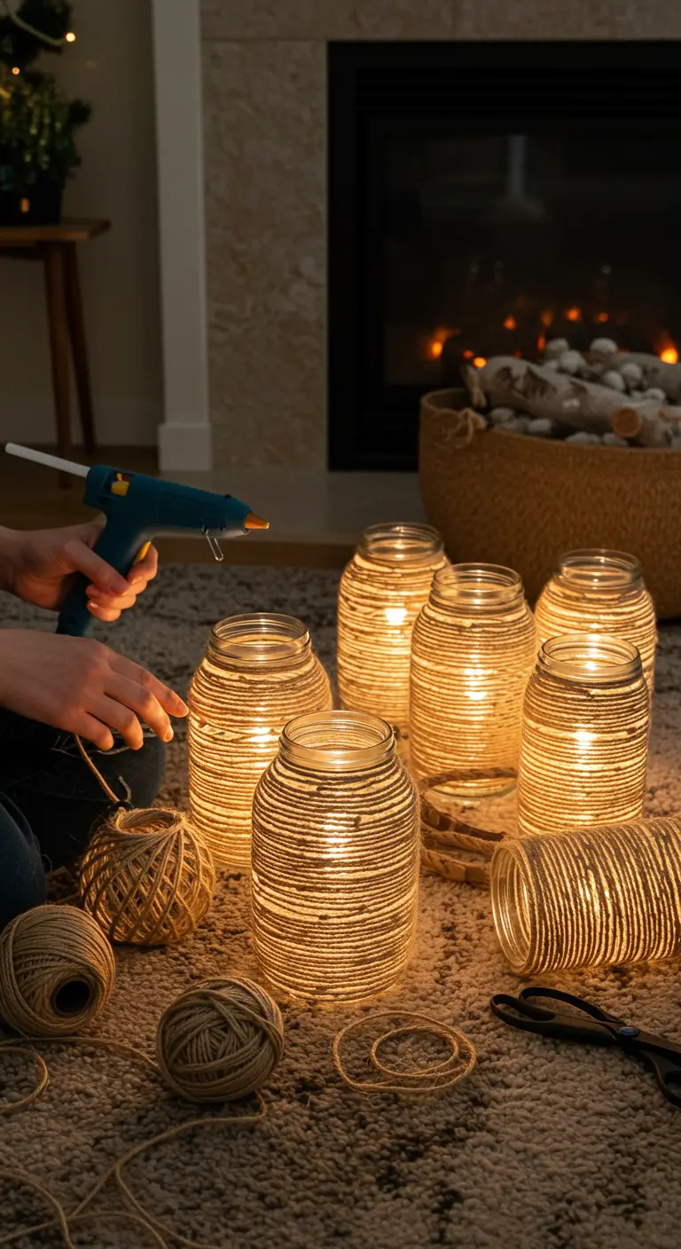 Mujer usando una pistola de pegamento caliente para enrollar cuerda de yute alrededor de frascos de vidrio.