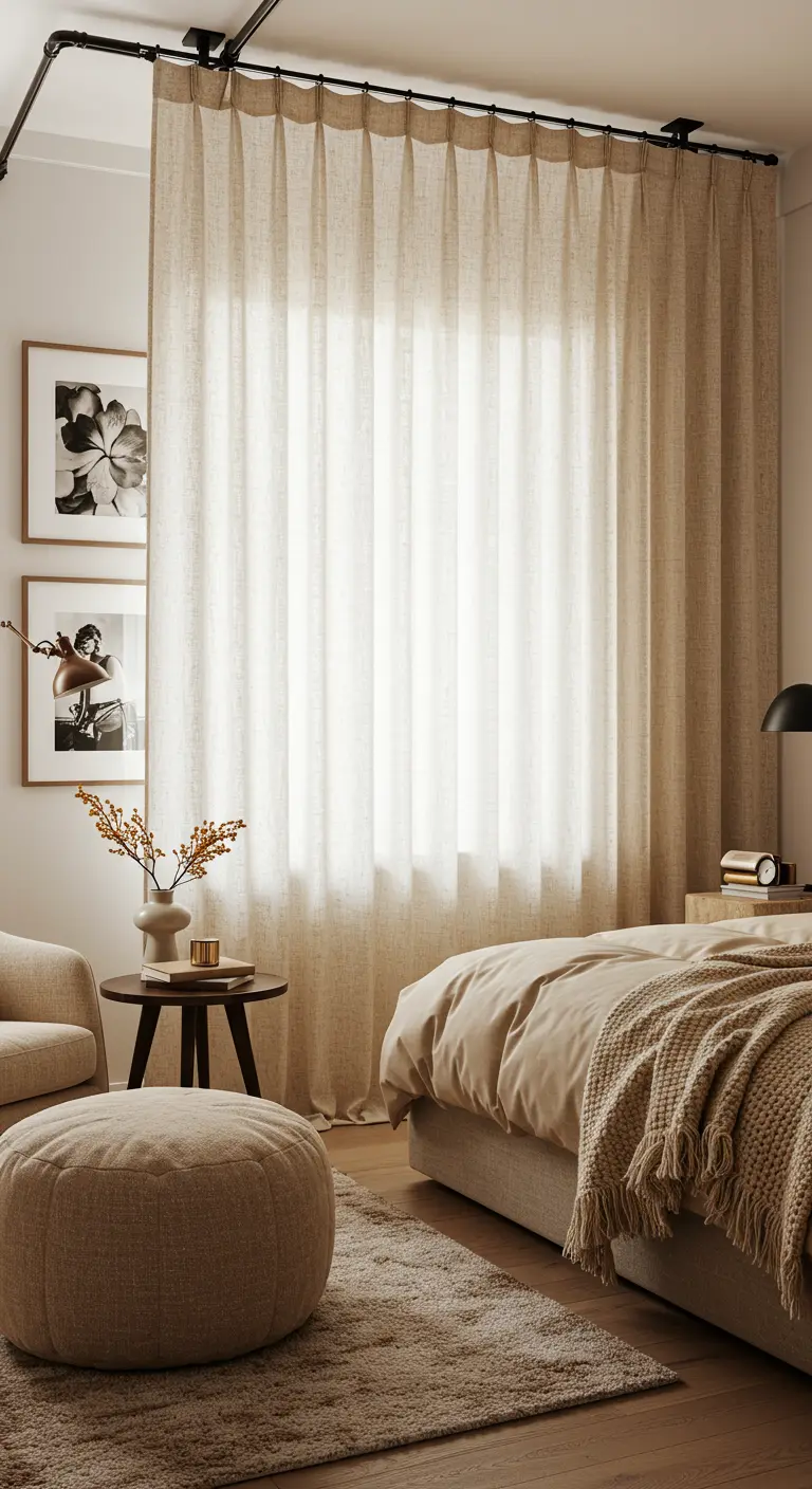 Cortina de lino de color beige con textura dividiendo la cama de una zona de estar en un dormitorio.