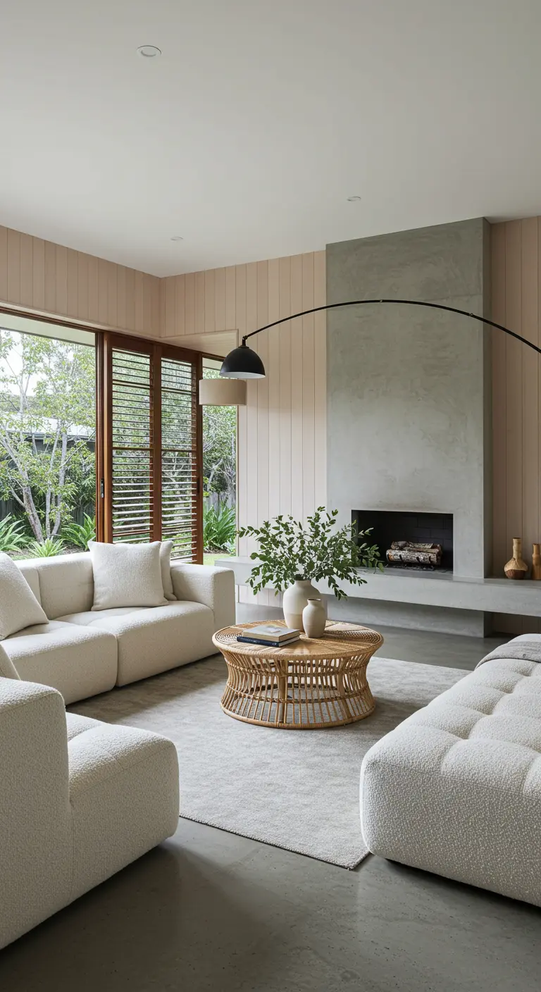 Sala moderna con chimenea de cemento, sofá bouclé blanco y lámpara de arco negra.