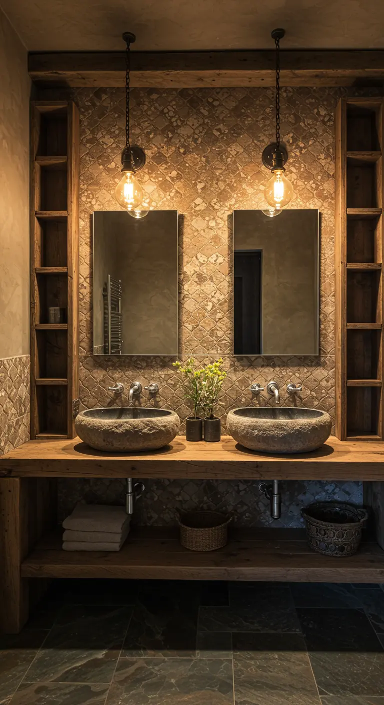 Baño rústico con pared de mosaico texturizado, mueble de madera y lavabos de piedra.