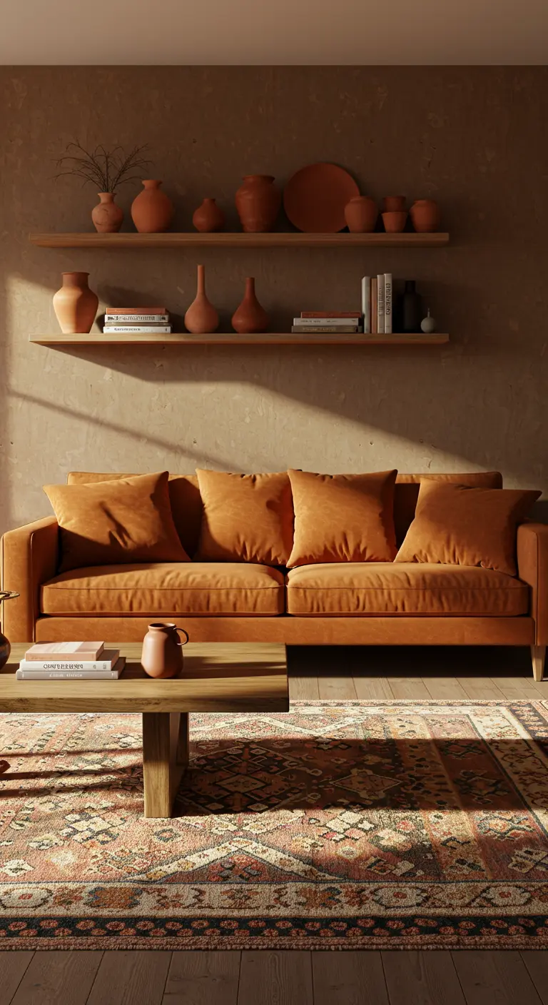 Salón de estilo Wabi-Sabi con sofá de terciopelo terracota y estanterías con cerámica artesanal.
