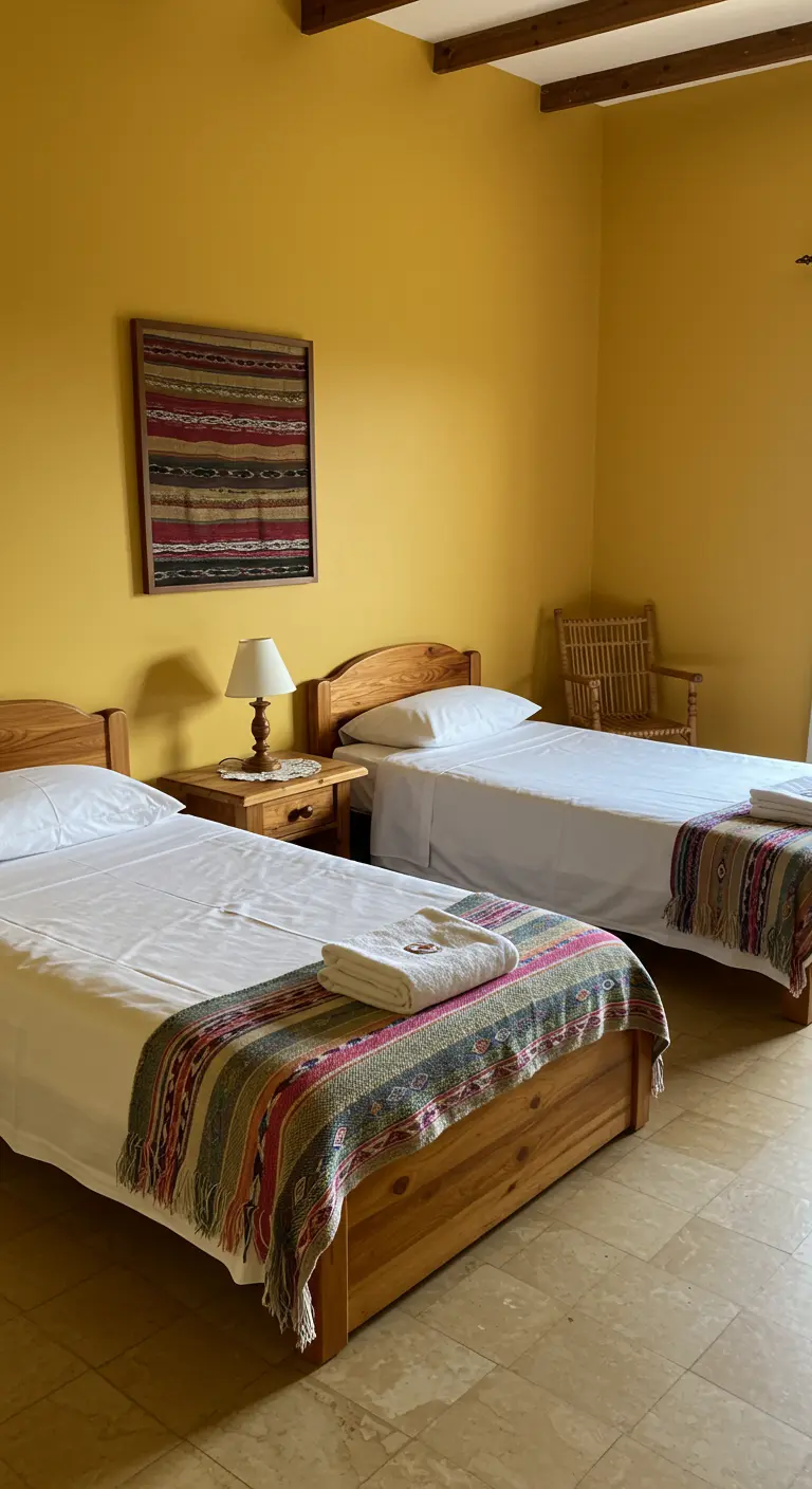 Habitación doble con paredes amarillas, camas de madera y caminos de cama con textiles andinos.