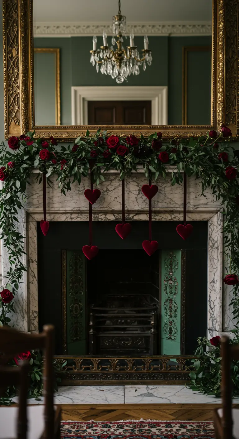 Chimenea señorial decorada con una guirnalda de rosas y corazones de terciopelo rojo.
