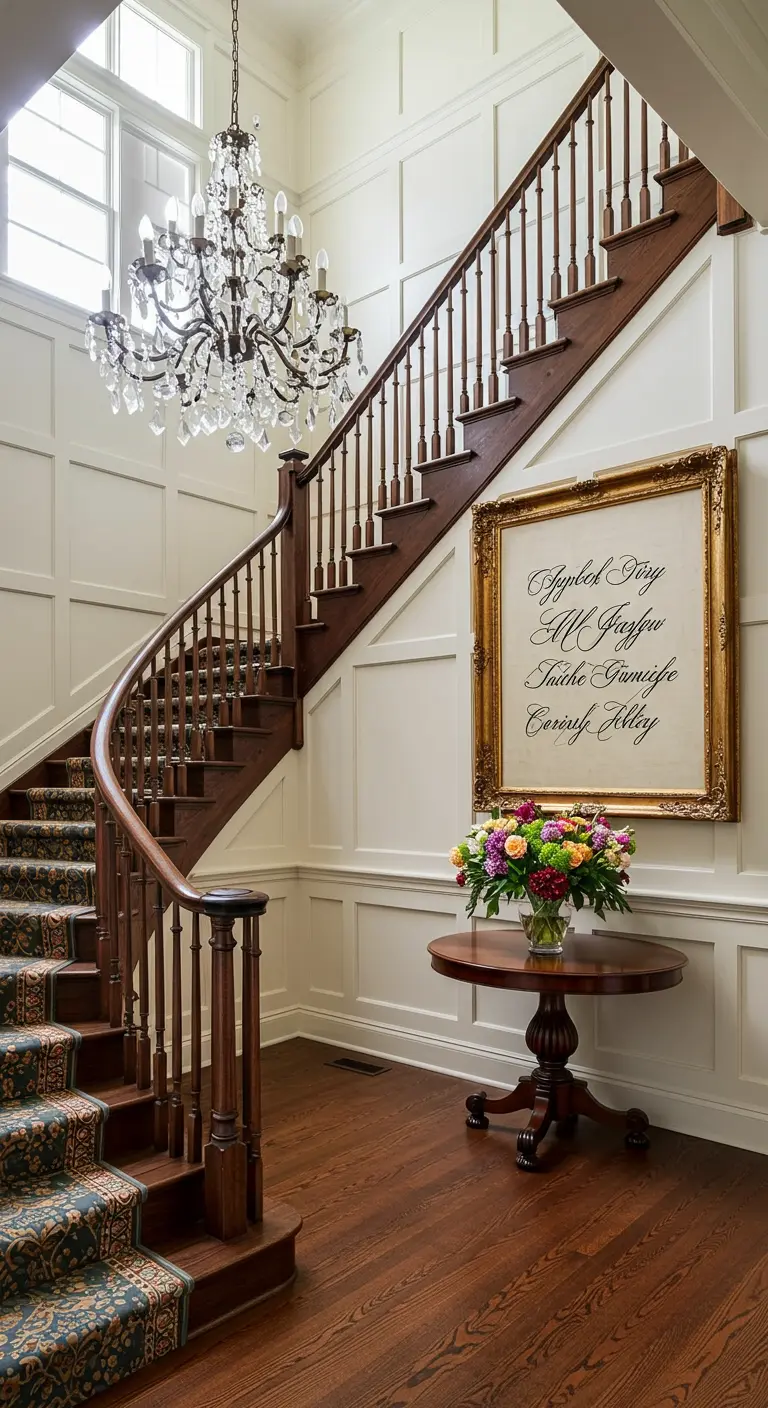 Recibidor clásico con una gran escalera y un cuadro con caligrafía en un marco dorado ornamentado.