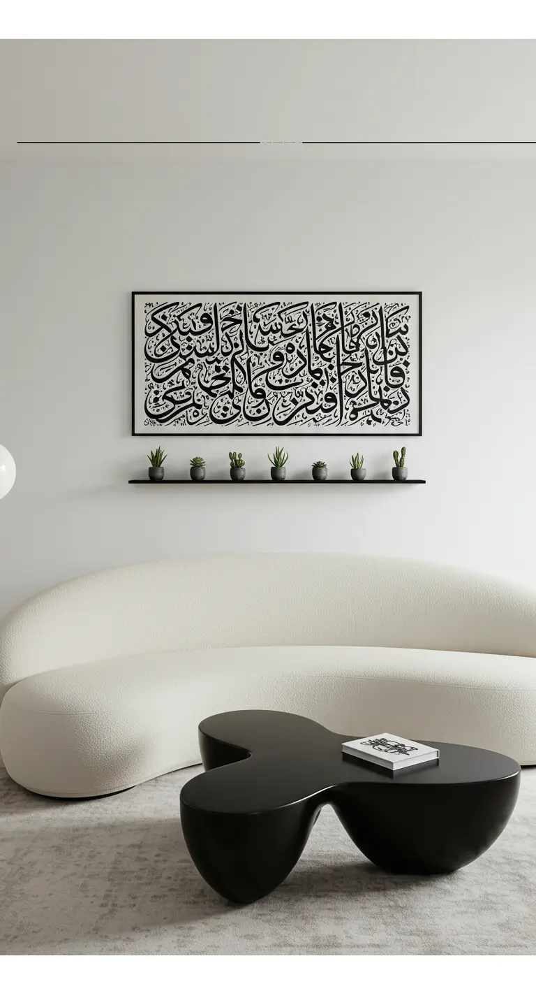 Sofá curvo blanco frente a una pared con un gran cuadro de caligrafía y una repisa con plantas.