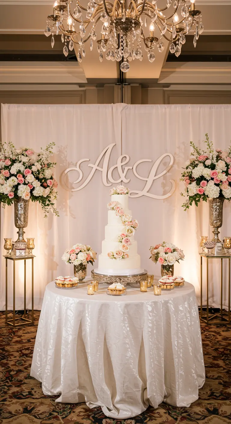 Iniciales 'A & L' en una elegante fuente cursiva blanca detrás de una tarta de bodas.