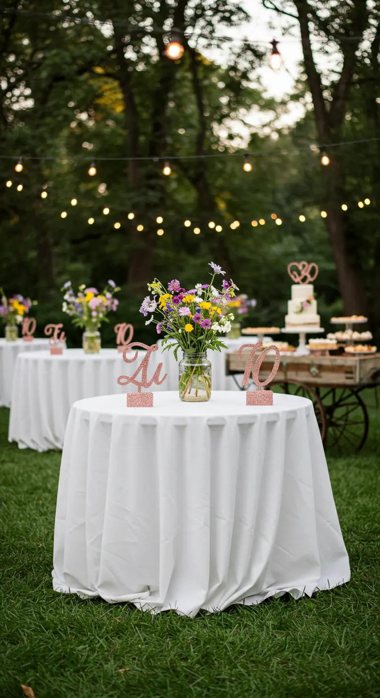 Mesas redondas en un jardín con números de mesa de glitter rosa dorado y flores silvestres.