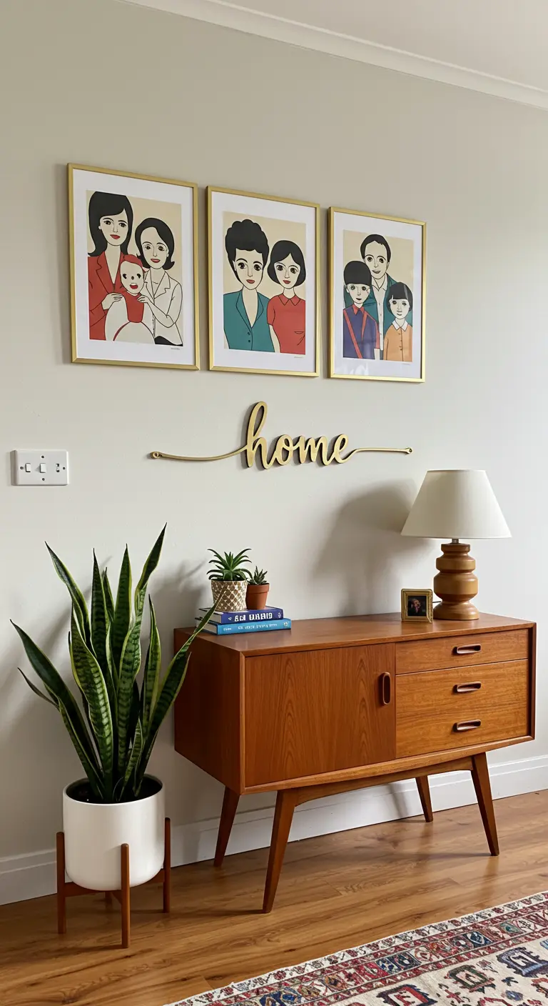 Recibidor Mid-Century Modern con la palabra 'home' en metal dorado sobre una consola de madera.