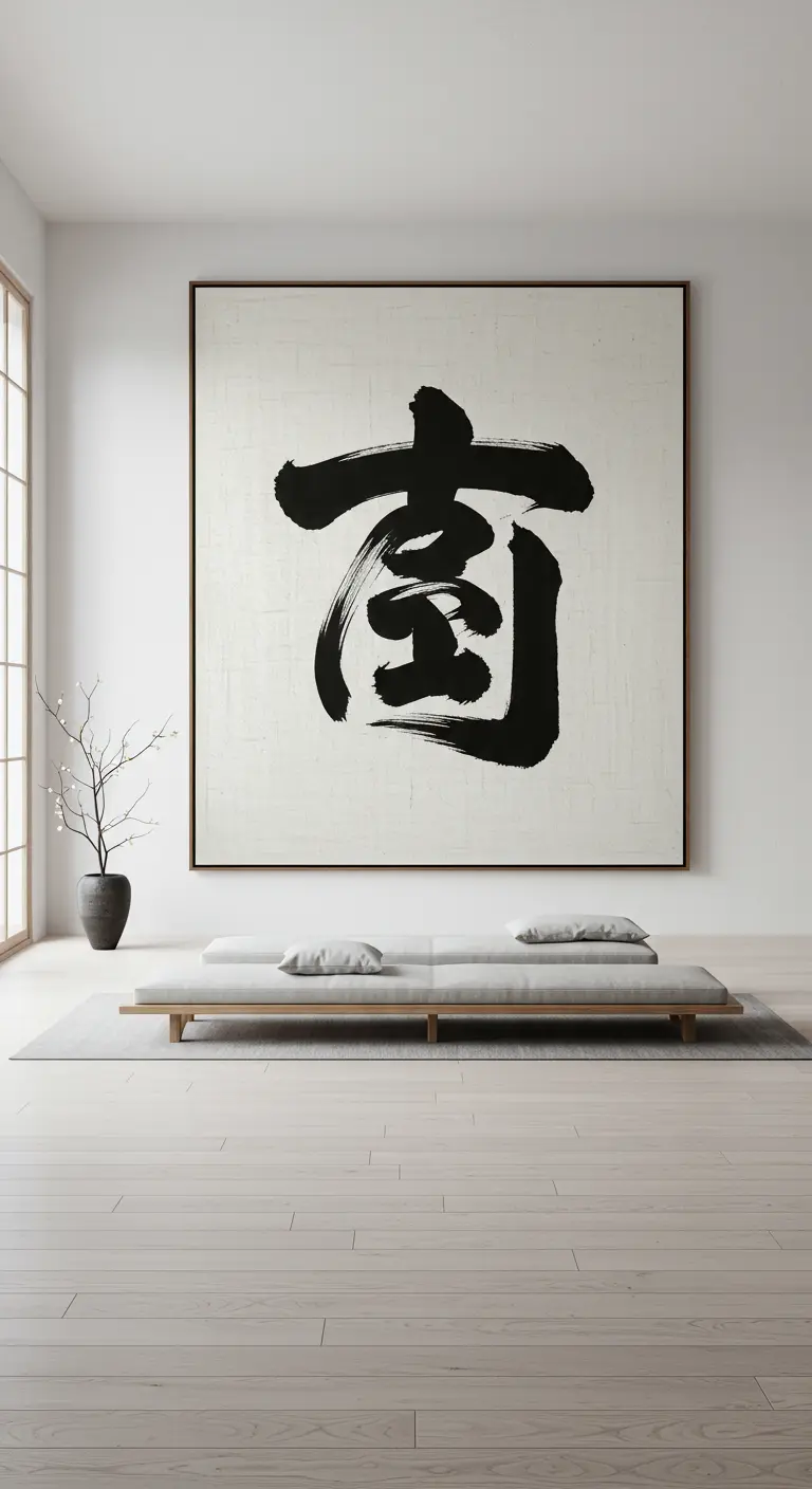 Sala minimalista con una enorme obra de caligrafía japonesa en la pared y un futón bajo.