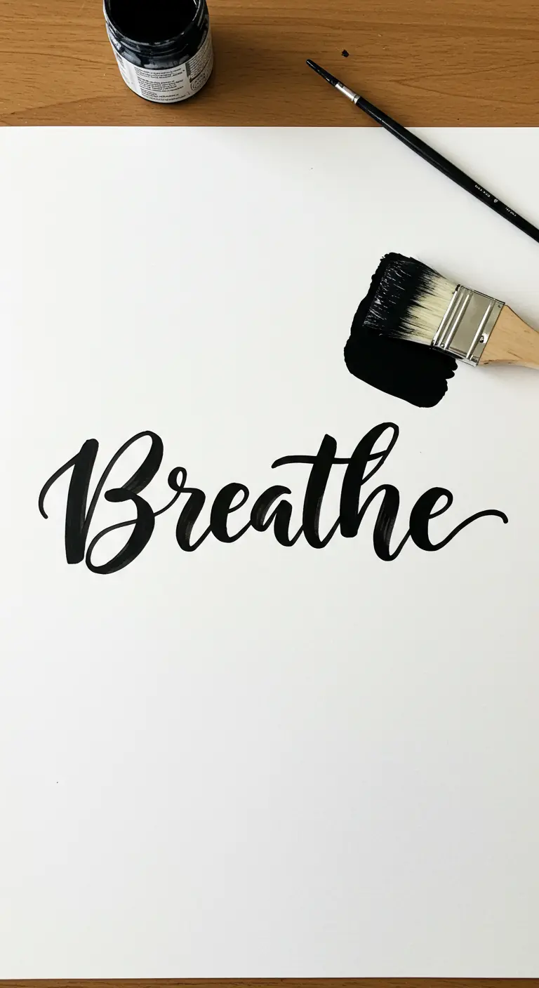 La palabra 'Breathe' escrita en caligrafía negra con un pincel ancho sobre papel blanco