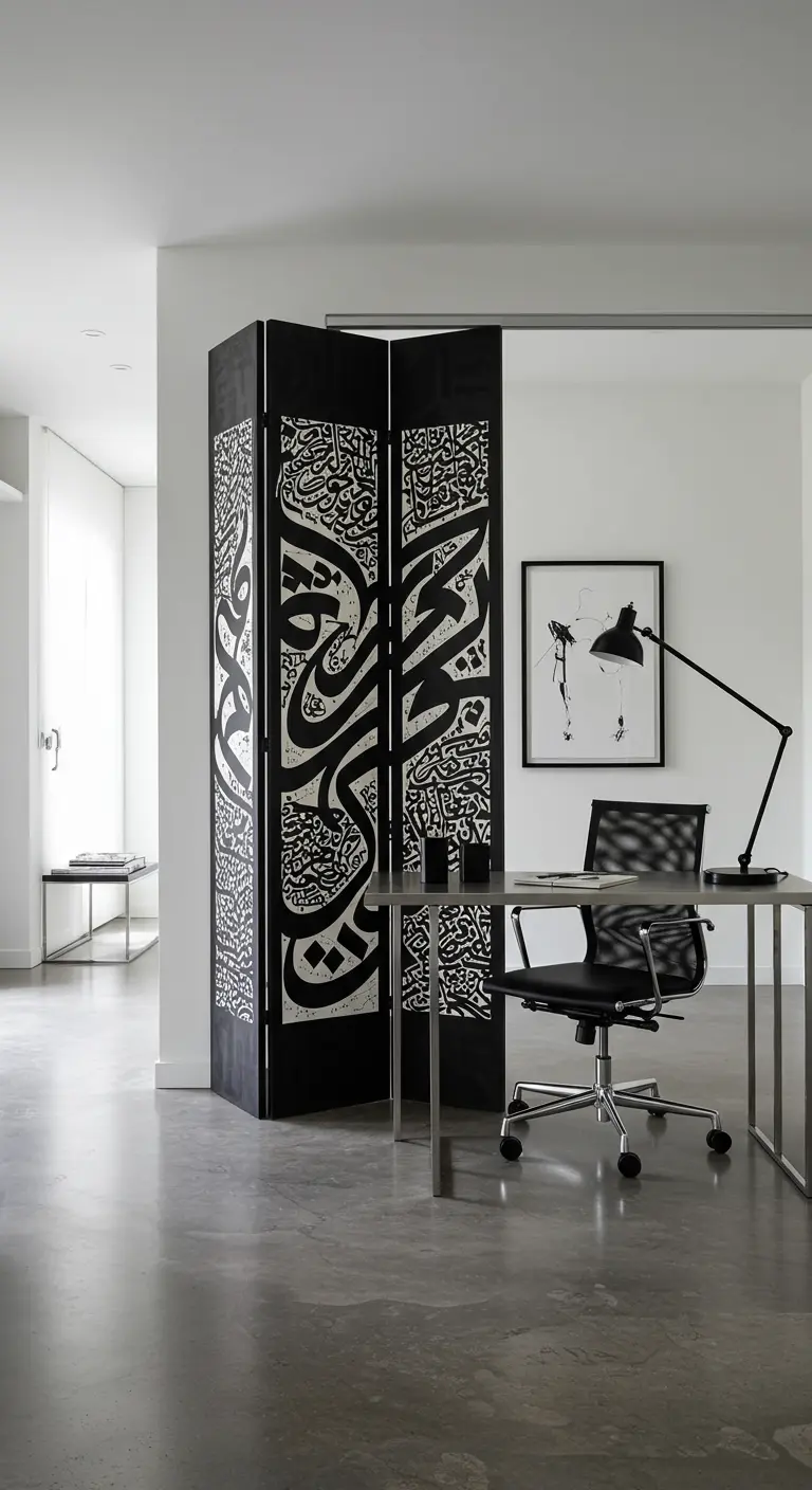 Oficina minimalista con un biombo negro decorado con caligrafía moderna en blanco.