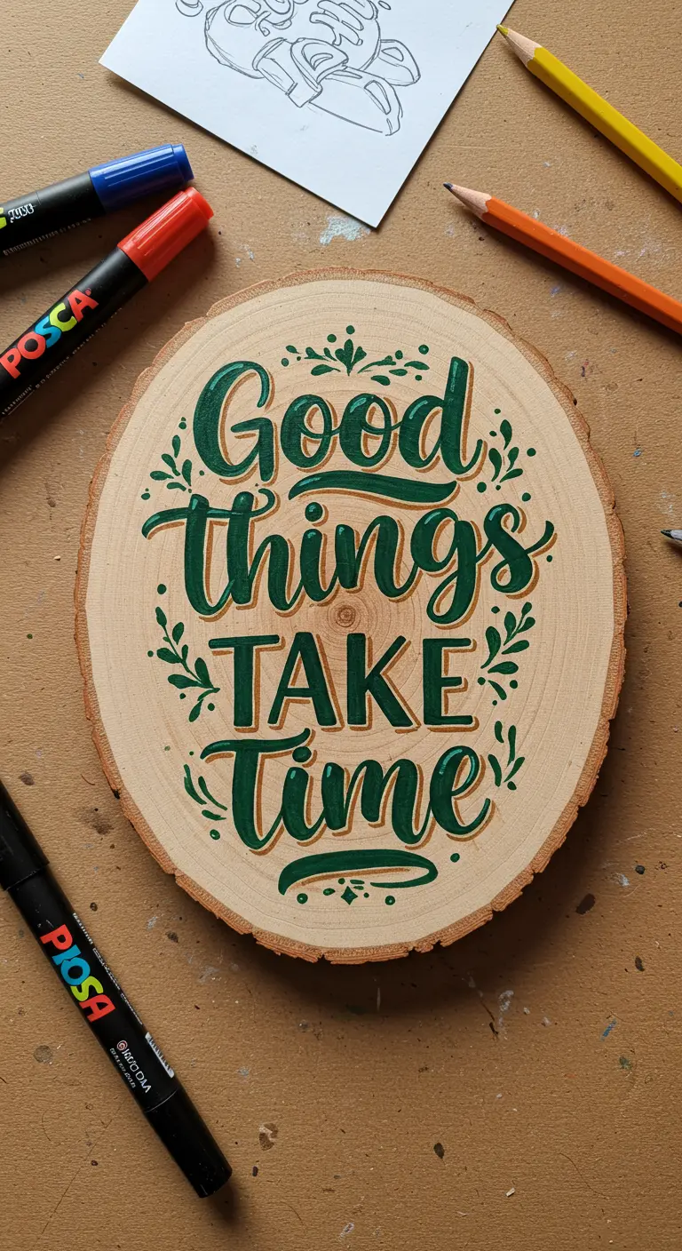 Frase 'Good things take time' pintada en verde sobre una rodaja de madera natural.