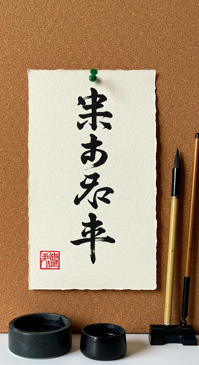 Caligrafía japonesa en tinta negra sobre papel de arroz, colgada en un tablero de corcho.