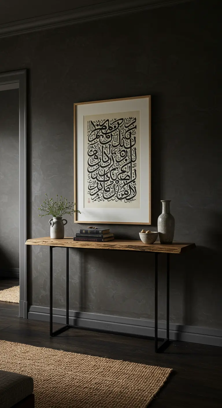 Consola de madera y metal contra una pared oscura, con un cuadro de caligrafía enmarcado.