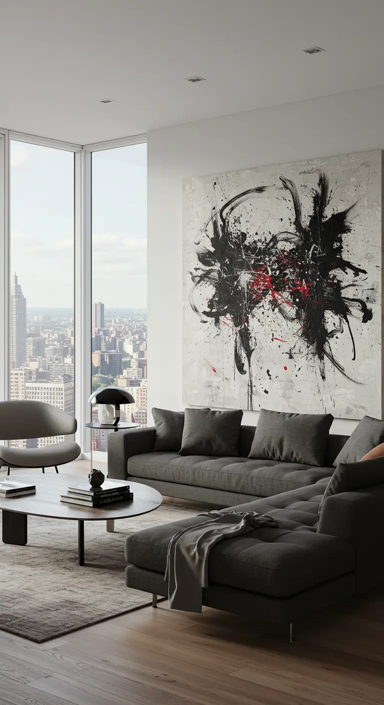 Sala moderna con un gran sofá gris y un cuadro abstracto en blanco y negro con un toque de rojo.
