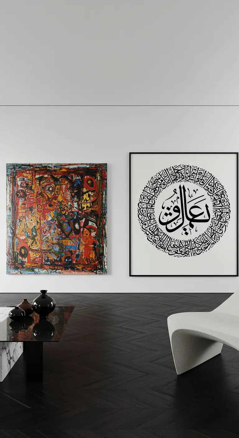 Pared de galería con un cuadro de caligrafía árabe moderna y una pintura abstracta colorida