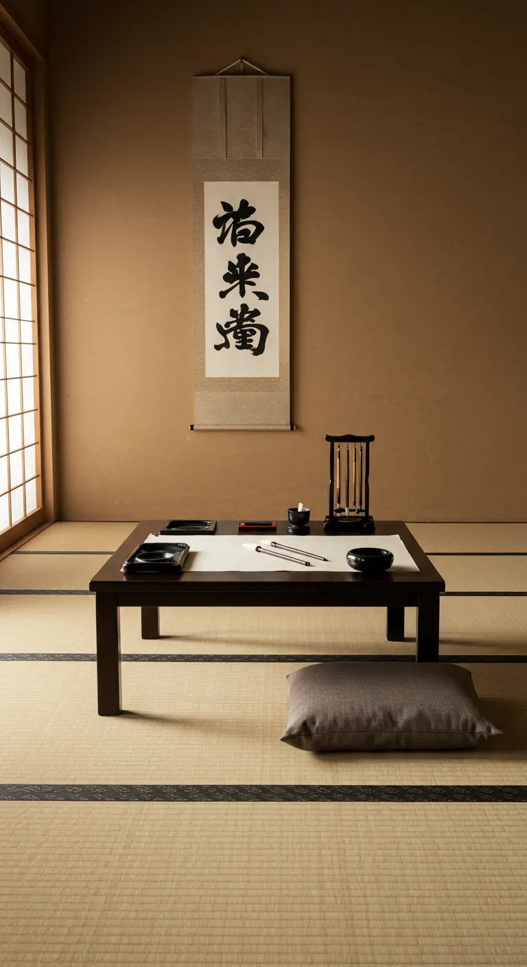 Espacio para caligrafía japonesa con mesa baja, cojín y un pergamino en la pared