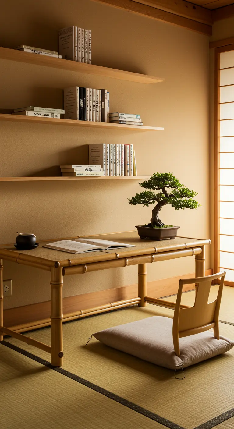 Rincón de estudio de inspiración japonesa con escritorio bajo de bambú y un bonsái.