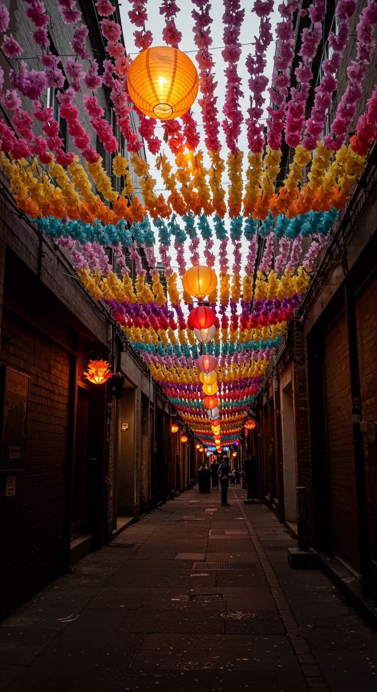Callejón estrecho con un techo cubierto de guirnaldas de flores de papel y farolillos chinos.