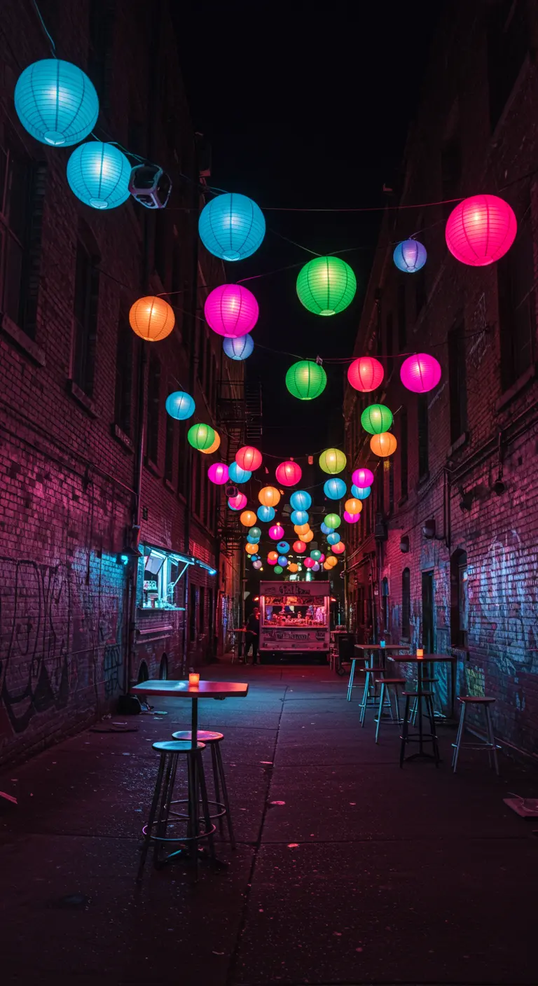 Callejón urbano de noche decorado con lámparas de papel de colores neón para una fiesta.