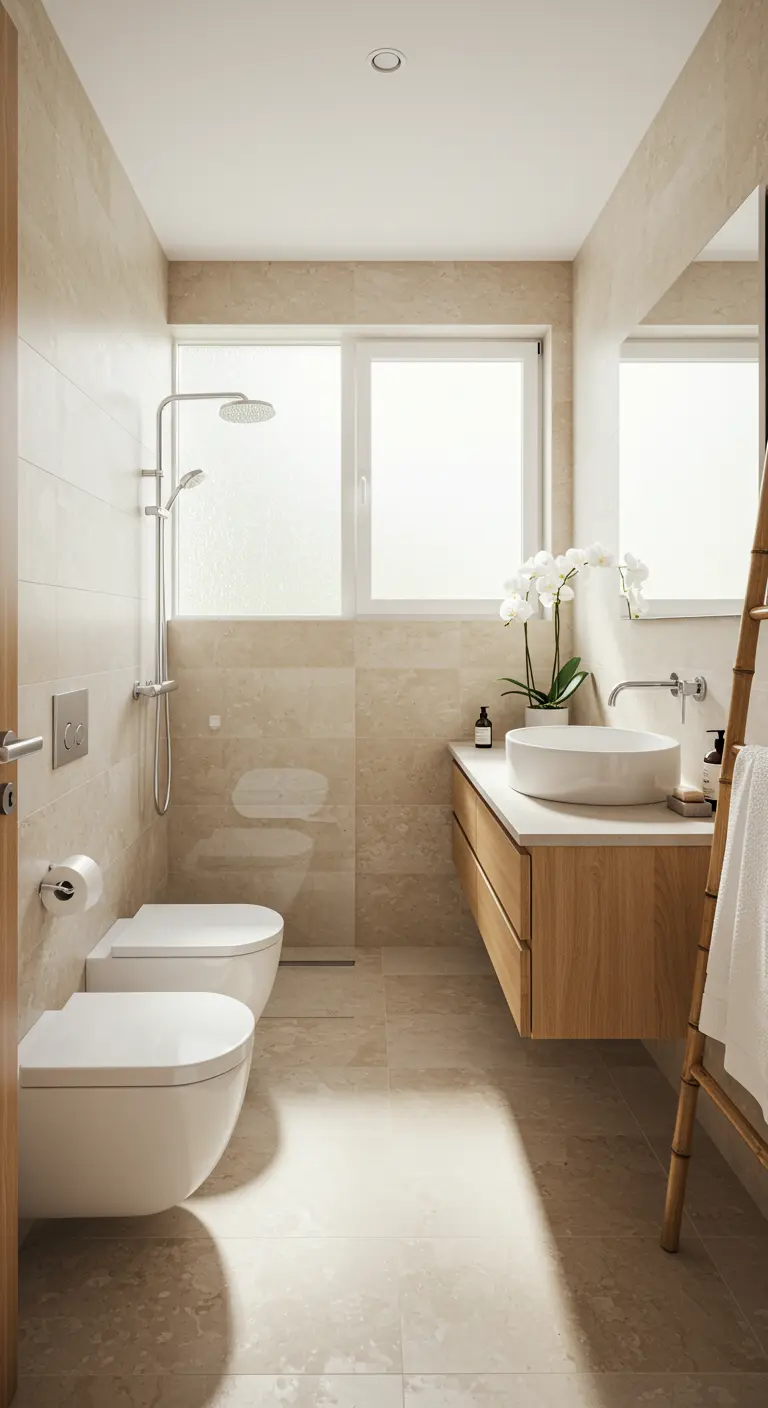 Baño pequeño y luminoso con azulejos beige, mueble de madera y orquídea blanca