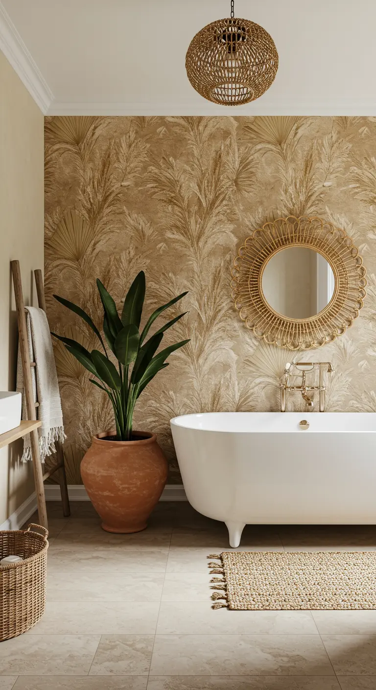 Baño de estilo bohemio con papel tapiz dorado, espejo de ratán y bañera exenta.