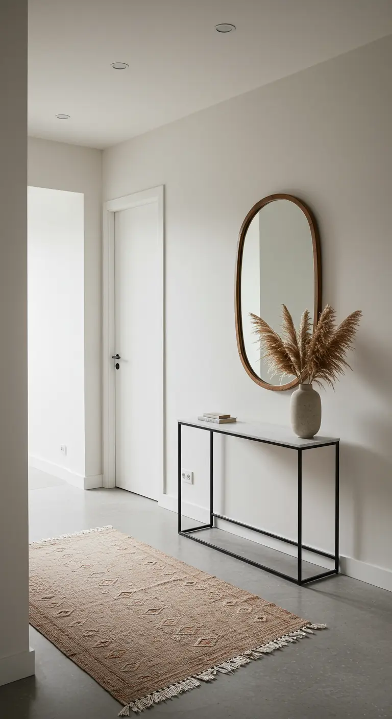 Recibidor minimalista en tonos neutros con consola fina, espejo ovalado y alfombra de yute.
