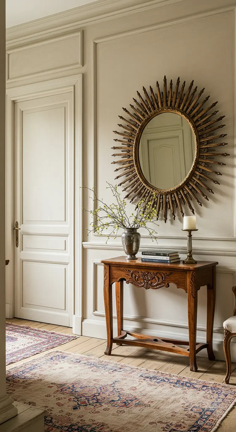 Recibidor de estilo clásico con paredes beige, consola de madera y espejo de sol ornamentado.