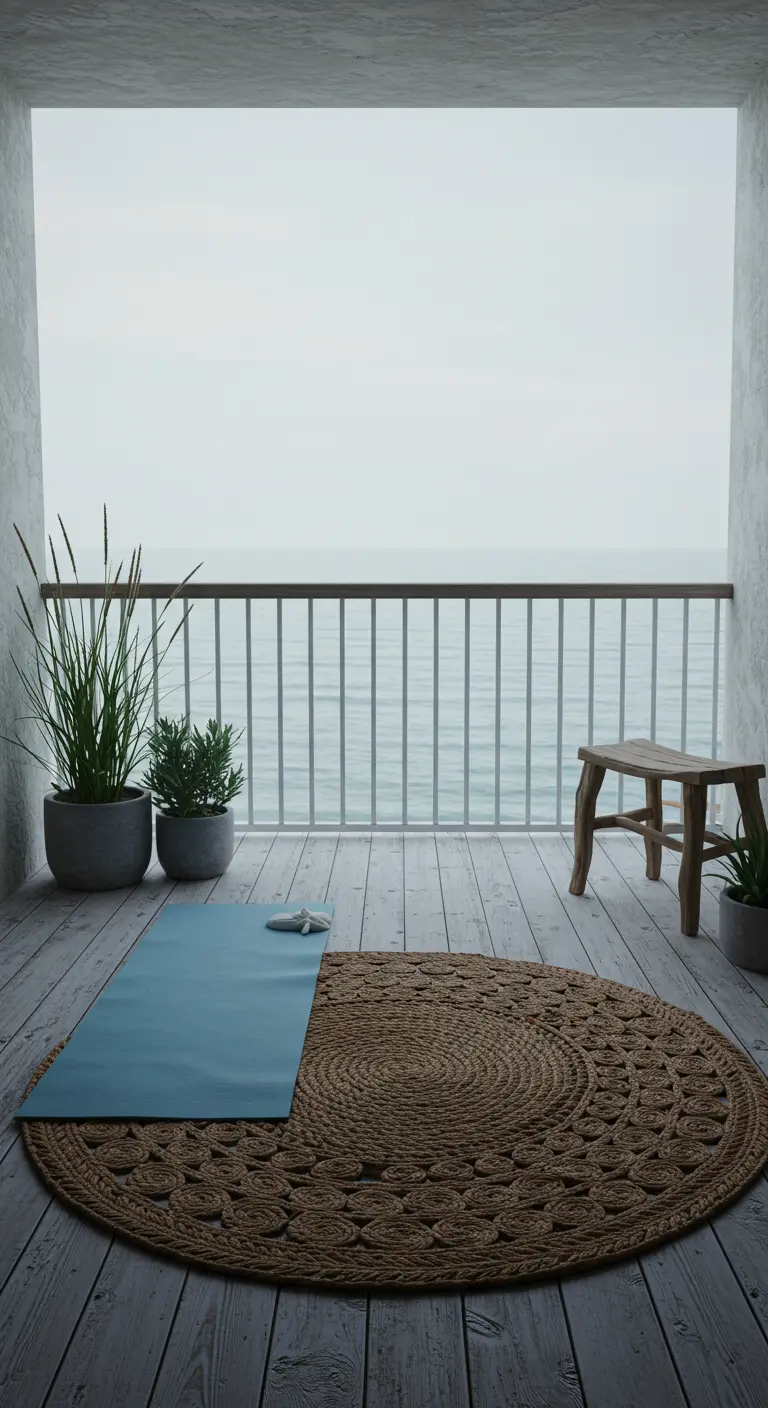 Balcón minimalista frente al mar con suelo de madera envejecida y plantas gramíneas.