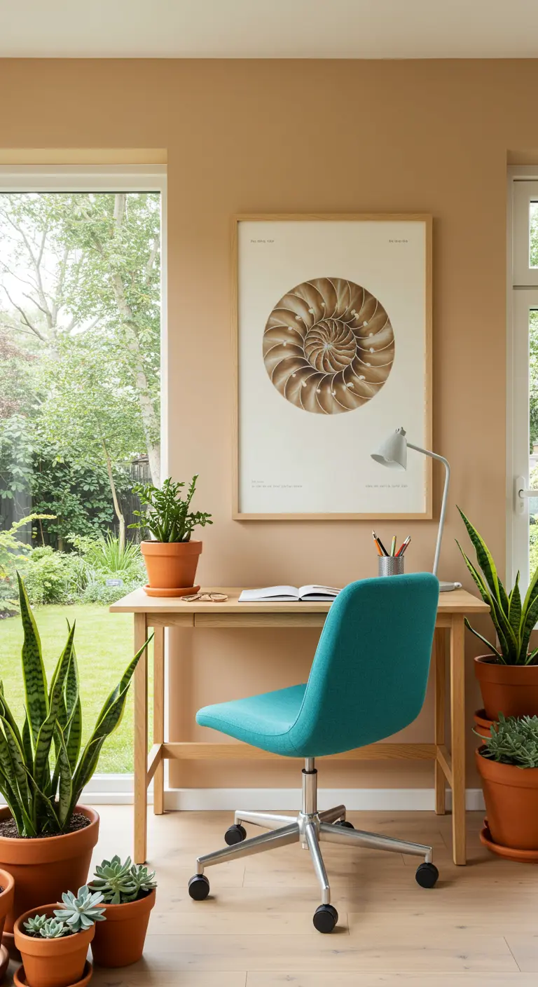 Oficina luminosa con paredes beige, escritorio de madera y un gran cuadro de concha náutilus.