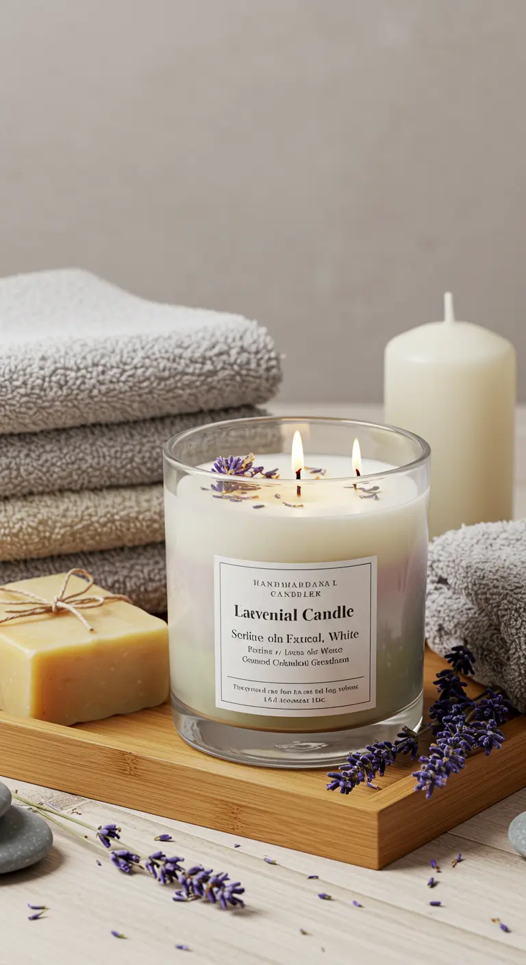 Vela de tres mechas en vaso de cristal con capas de lavanda y flores secas en la superficie.