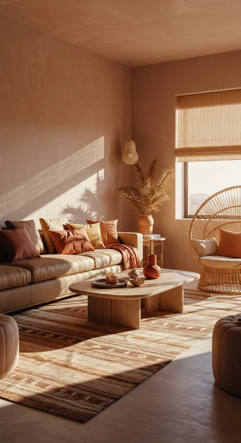 Salón en tonos tierra con paredes de estuco, silla de ratán y muebles de madera natural