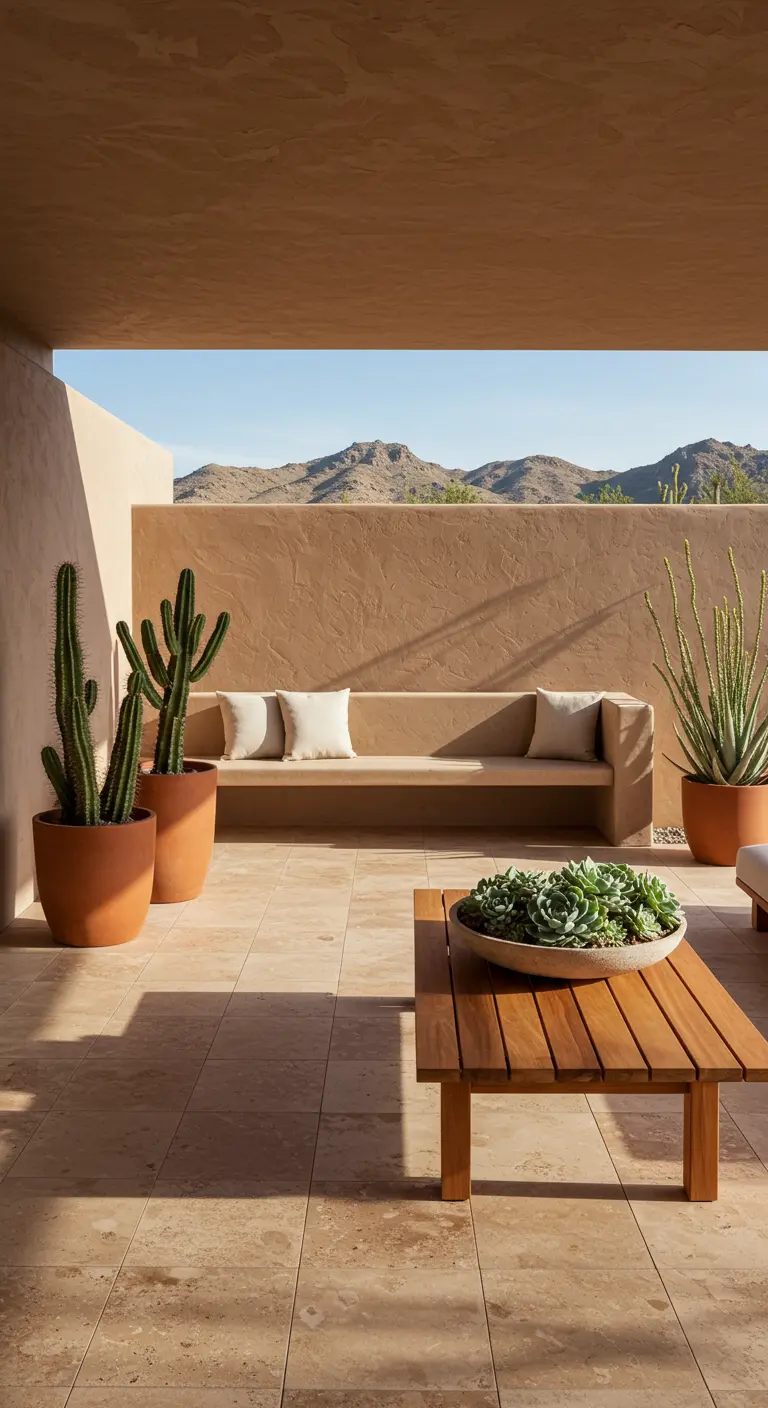 Patio de estilo desértico con paredes de estuco, banco de obra, cactus en macetas de terracota y mesa de madera